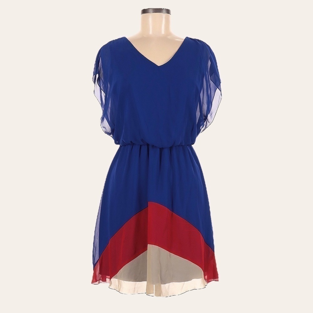 🌺 Sweet Storm Royal Blue Red & Tan Color Block Flowy Mini Dress Size S